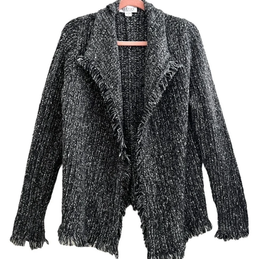 Velvet by Graham & Spencer Tweed Chunky Knit Fringe Open Front Cardigan